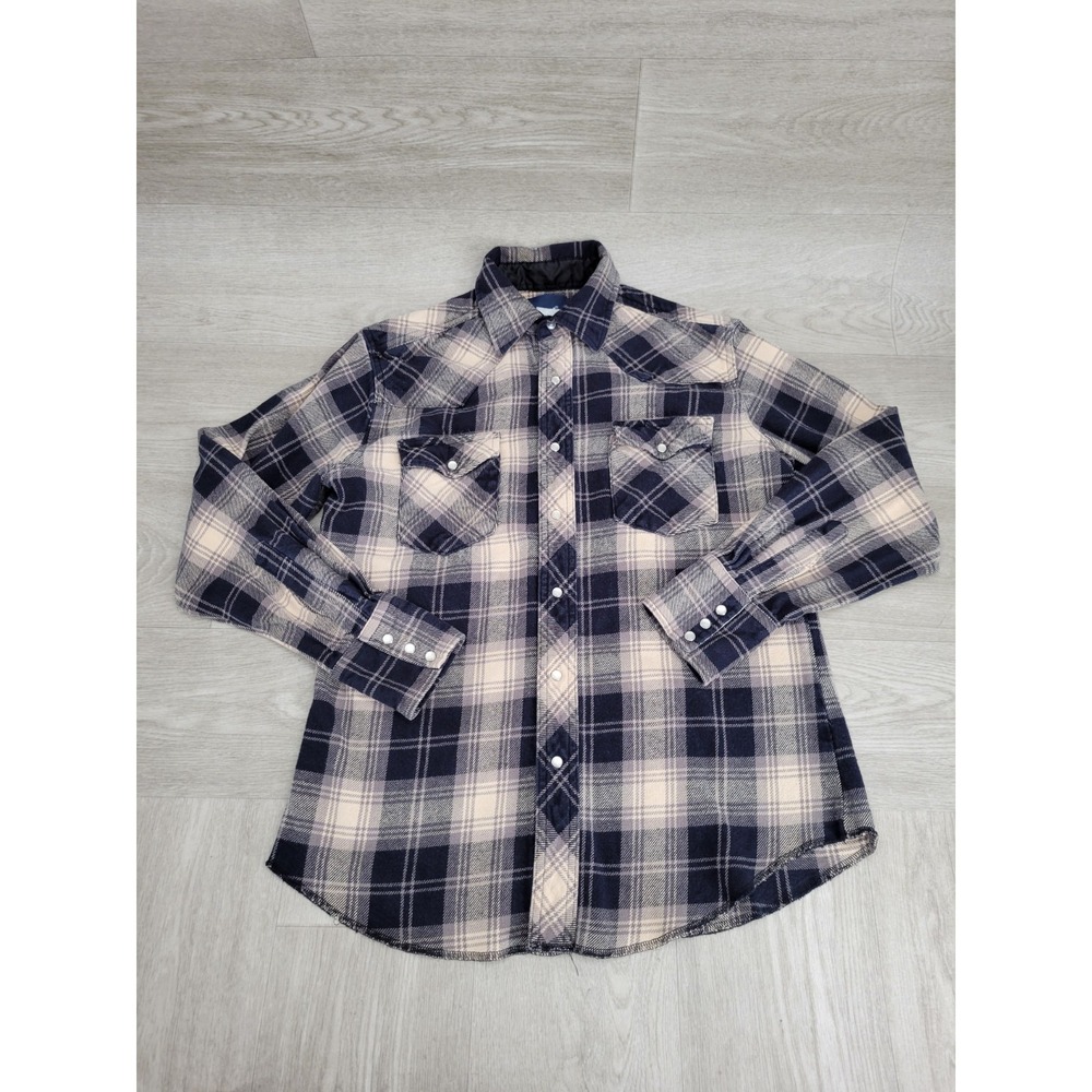 Vintage Wrangler Pearl Snap Shirt‎ Men's M Black Beige Plaid Heavy Flannel